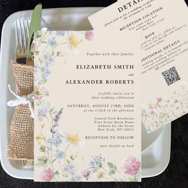Wildflower Garden QR Code 2 Sided Wedding Invitation (Creator Uploaded)