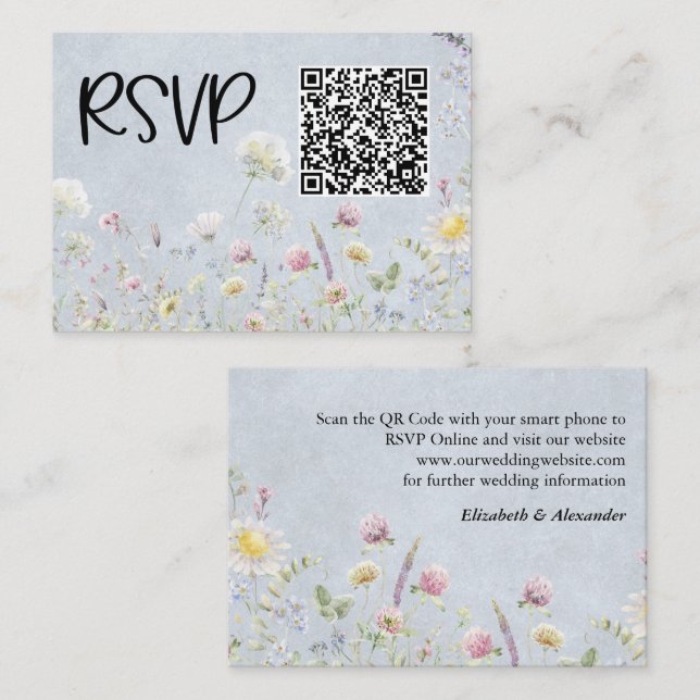 Wildflower Garden Stonewash Blue Wedding RSVP Enclosure Card (Front/Back)