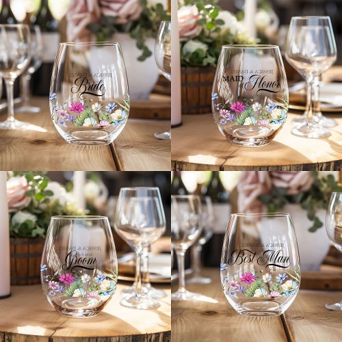 Wildflower Garden Top Table Elegant Floral Wedding Stemless Wine Glass