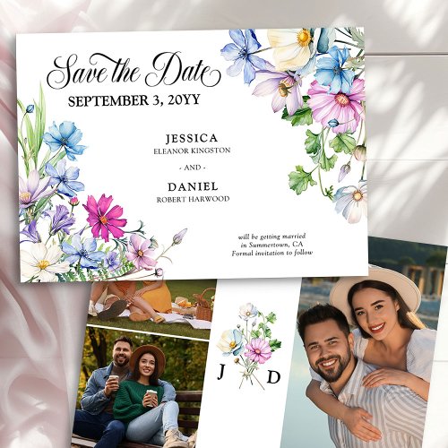 Wildflower Garden Wedding 3 Photo Monogram Save The Date