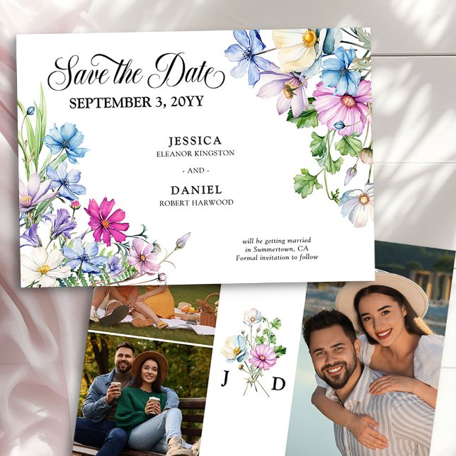 Wildflower Garden Wedding 3 Photo Monogram Save The Date (Save the Date Invitation from the Wildflower Garden Wedding Collection by Darling & May)