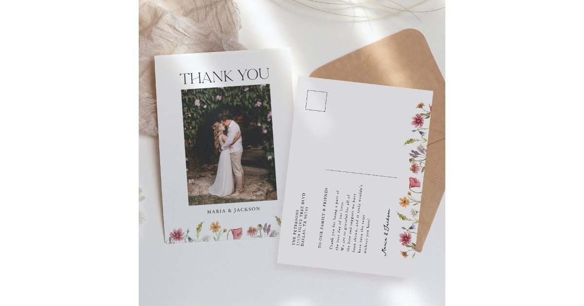 Wildflower Garden Wedding Photo Thank You Postcard | Zazzle