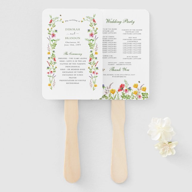 Wildflower garden wedding program  hand fan (Front and Back)