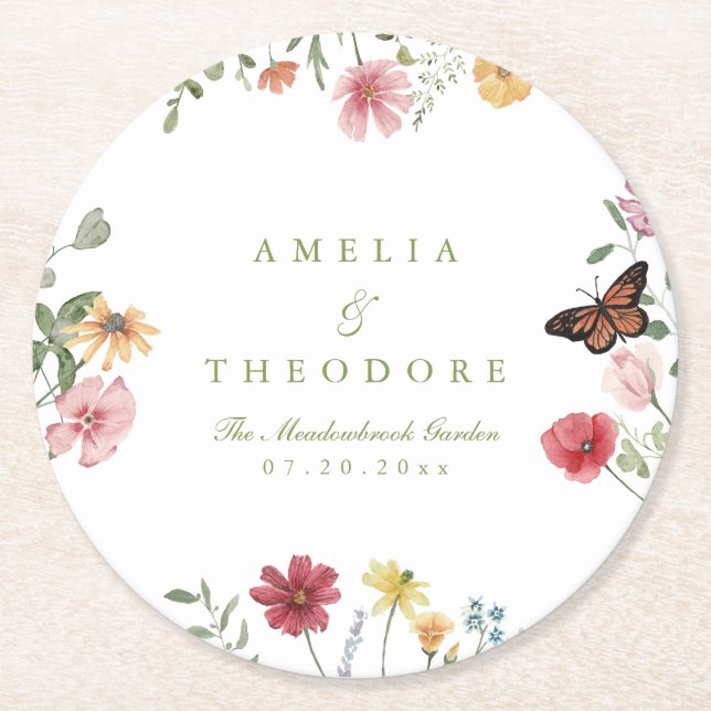 Wildflower Garden Wedding Round Paper Coaster (Front)