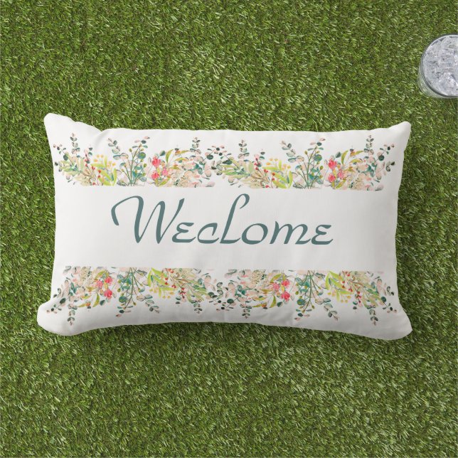 Wildflower Garden Welcome Outdoor Patio Porch  Lumbar Pillow (Grass)