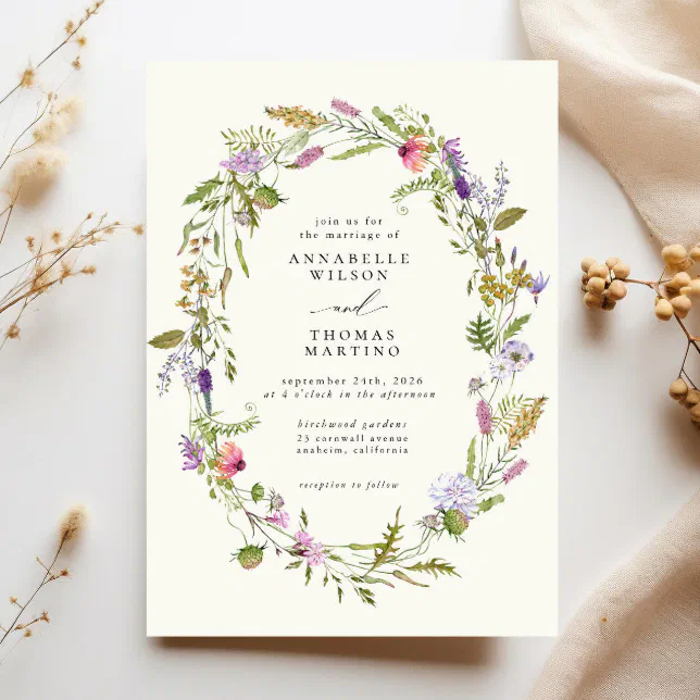 Wildflower Garden Wreath Greenery Wedding Invitation | Zazzle