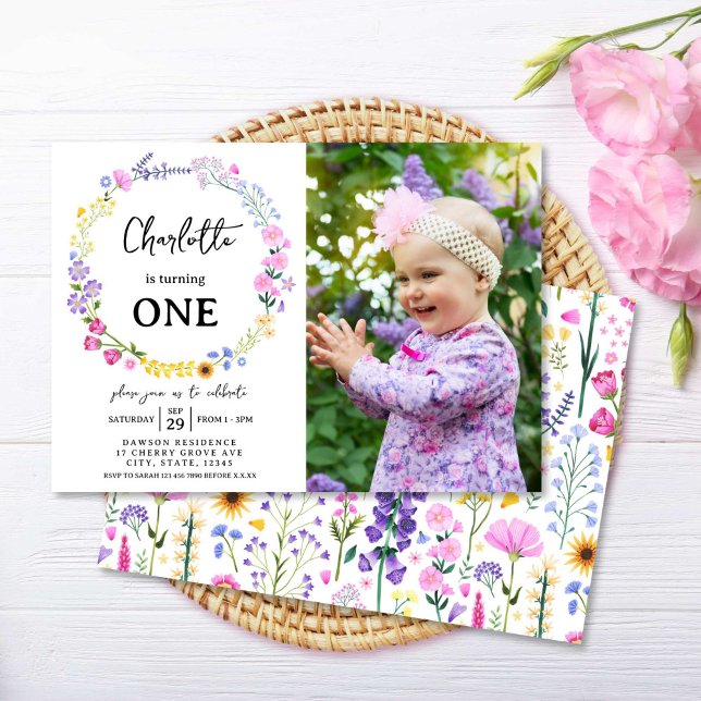 Wildflower Girl 1st Birthday Floral Photo Invitation (Wildflower Girl 1st Birthday Floral Photo Invitation)