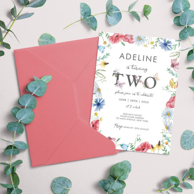 Wildflower Girl 2nd Birthday Floral Butterfly Cute Invitation (2nd Birthday invitation girl second birthday wildflower spring garden cute template instant download)
