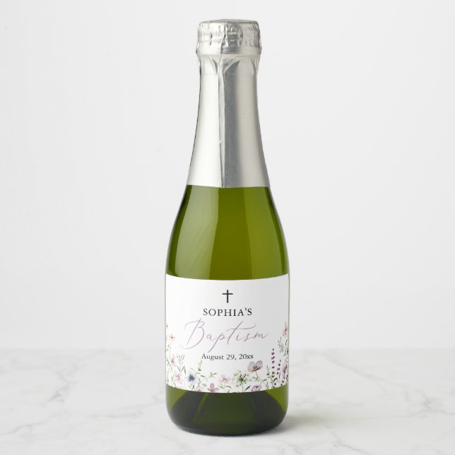 Wildflower Girl Baptism Sparkling Wine Bottle Labe Sparkling Wine Label (Front)