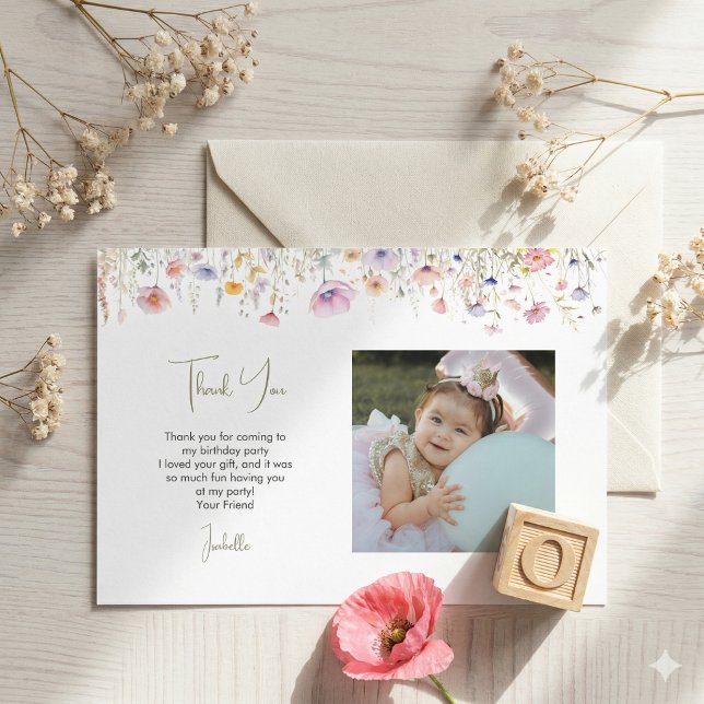 Wildflower Girls 1st Birthday Square Party Photo Thank You Card (Creator Uploaded)