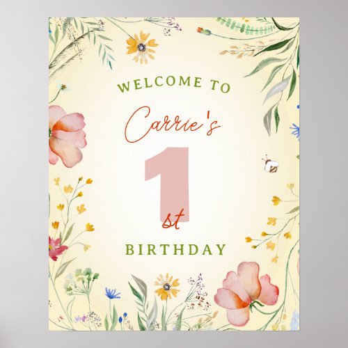 Wildflower Girls First 1st Birthday Party Welcome Poster