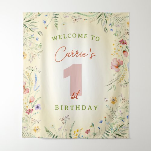 Wildflower Girls First 1st Birthday Party Welcome Tapestry