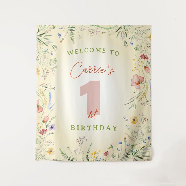 Wildflower Girl's First 1st Birthday Party Welcome Tapestry (Front)