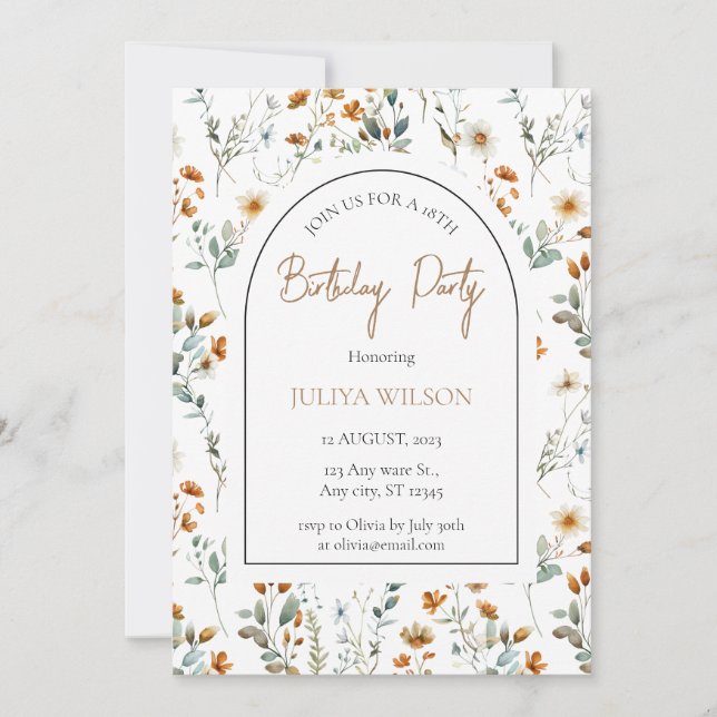 Wildflower girly Birthday Party Invitation (Front)