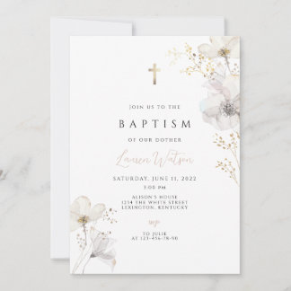 Wildflower gold cross Baptism Invitation