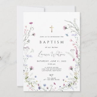 Wildflower gold cross Baptism Invitation