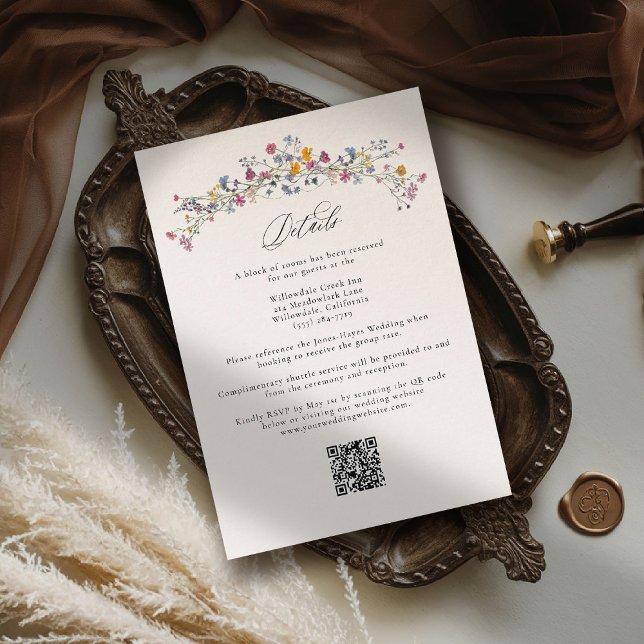 Wildflower Grace Elegant QR Code Wedding Details Enclosure Card (wildflower wedding theme details romantic colorful watercolor pastel floral timeless modern classic)
