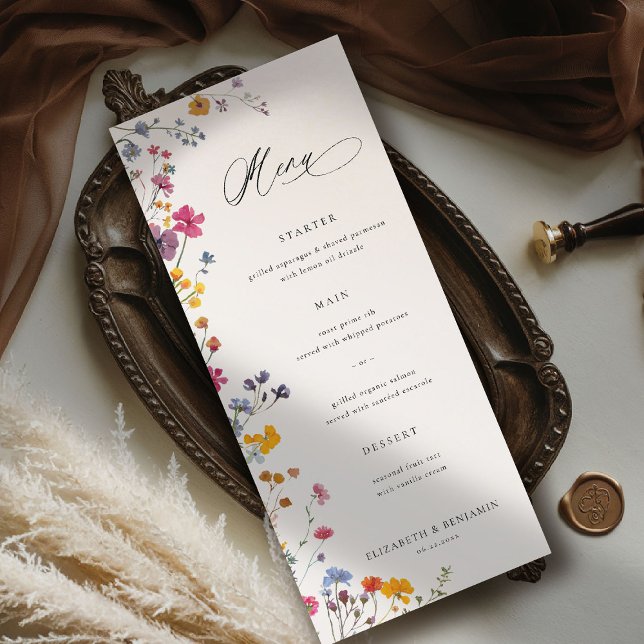 Wildflower Grace Modern Floral Elegant Wedding Menu (wildflower wedding theme menu romantic colorful watercolor pastel floral timeless classic)