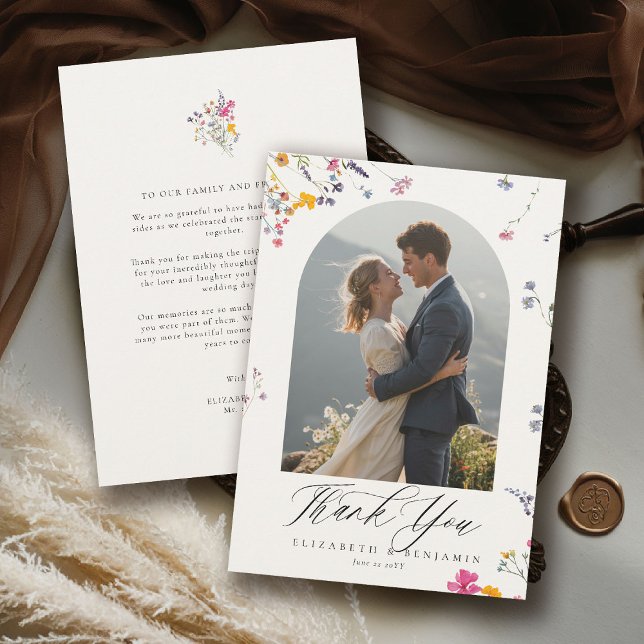 Wildflower Grace Modern Watercolor Arch Wedding Thank You Card (wildflower wedding theme thank you romantic colorful watercolor pastel floral timeless classic)
