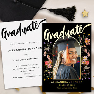 Wildflower Grad Photo Graduation Party Script Gold Foil Invitation