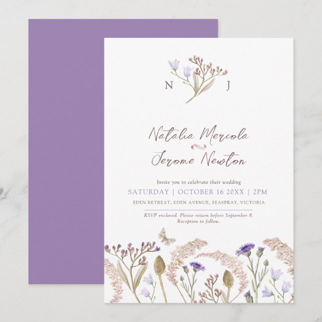 Wildflower grasses watercolor fall wedding invitation (Front/Back)