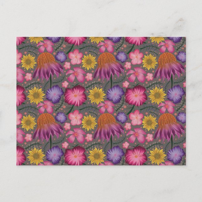 Wildflower Gray Floral Pattern Postcard (Front)