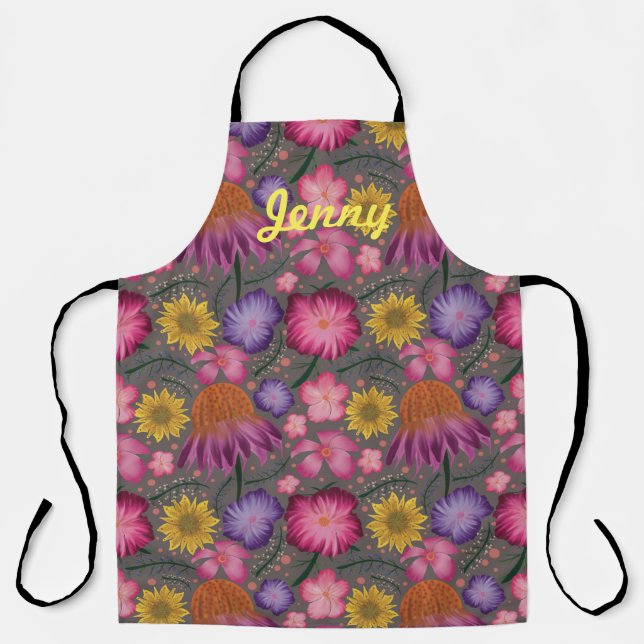 Wildflower Gray Floral Personalized Apron (Front)