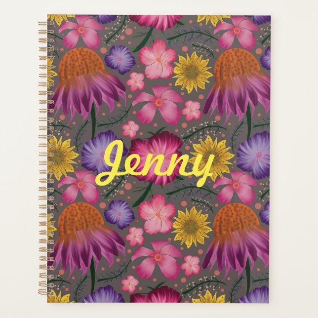 Wildflower Gray Floral Personalized Planner (Front)