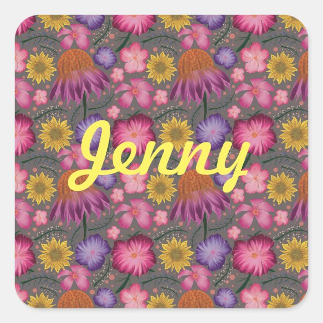 Wildflower Gray Floral Personalized Square Sticker (Front)