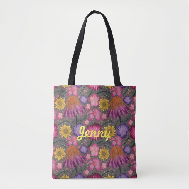 Wildflower Gray Floral Personalized Tote Bag (Front)