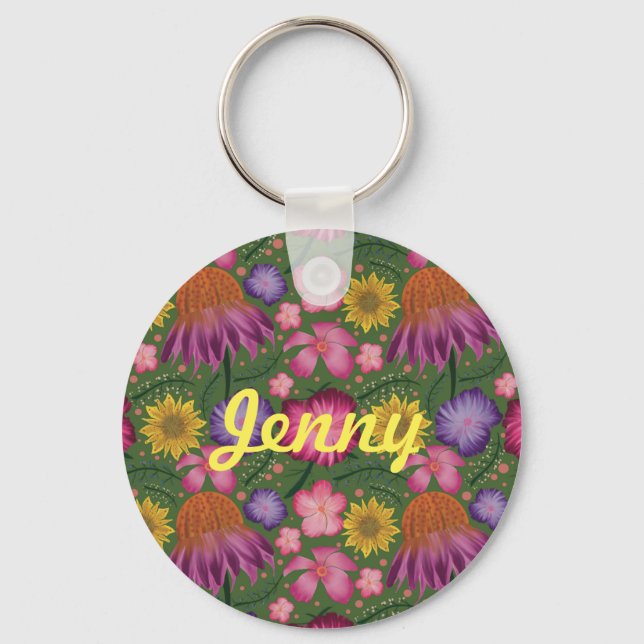 Wildflower Green Floral Personalized Keychain (Front)