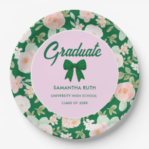 Wildflower Green Gingham Bow Graduation Party Paper Plates