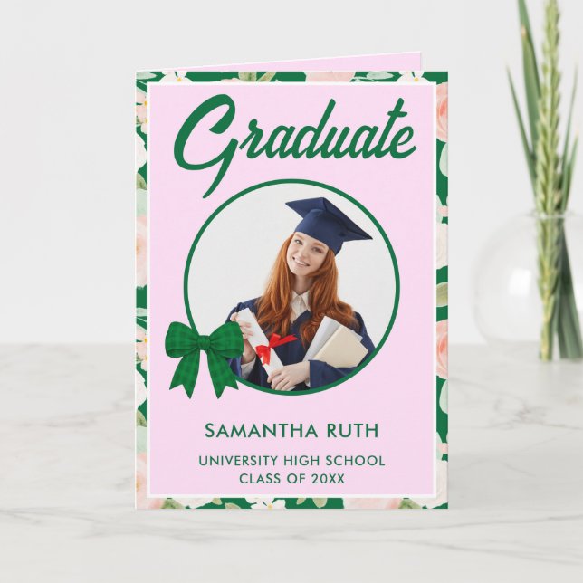 Wildflower Green Gingham Bow Photo Graduation  Card (Front)