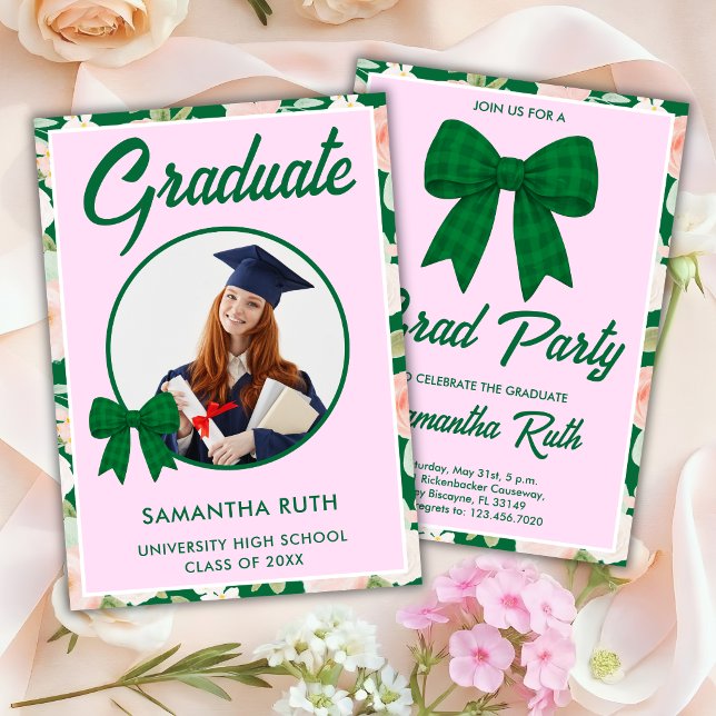 Wildflower Green Gingham Bow Photo Graduation Invitation (Creator Uploaded)
