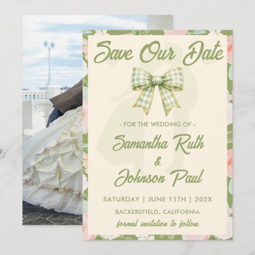 Wildflower Green Gingham Bow Photo Wedding Save The Date