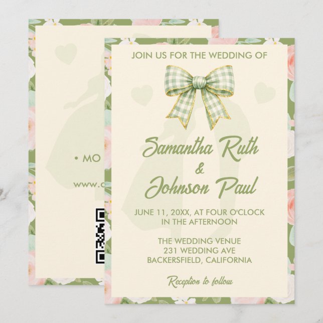 Wildflower Green Gingham Bow QR Code Wedding Invitation (Front/Back)