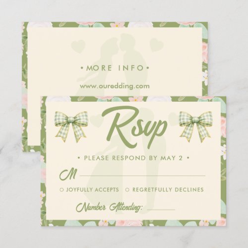 Wildflower Green Gingham Bow QR Code Wedding RSVP Card