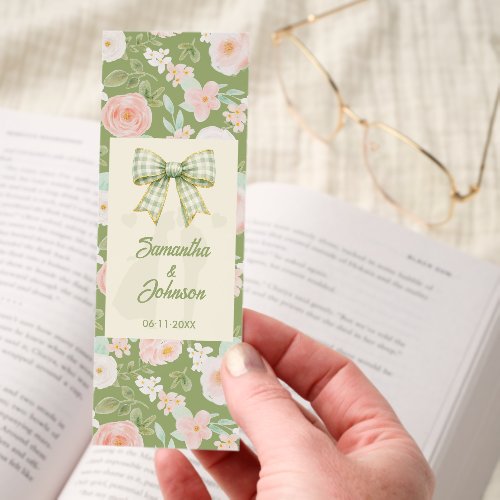 Wildflower Green Gingham Bow Wedding Bookmarks