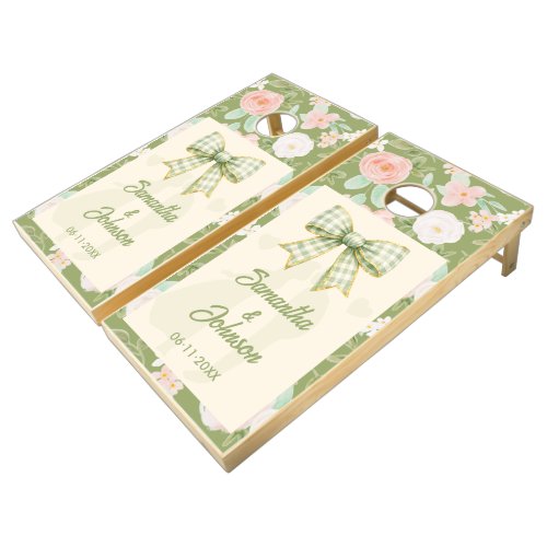 Wildflower Green Gingham Bow Wedding Cornhole Set