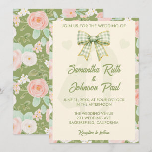 Wildflower Green Gingham Bow Wedding Invitation