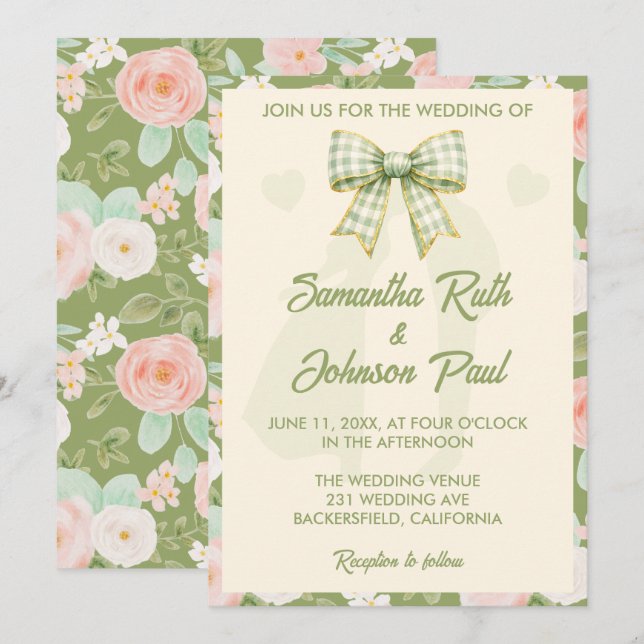 Wildflower Green Gingham Bow Wedding Invitation (Front/Back)