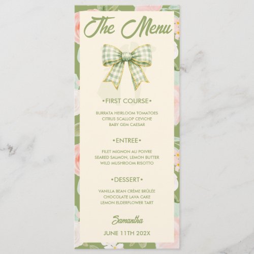Wildflower Green Gingham Bow Wedding Menu Card
