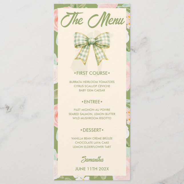 Wildflower Green Gingham Bow Wedding Menu Card (Front)