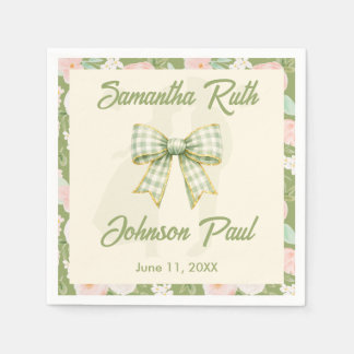 Wildflower Green Gingham Bow Wedding Napkins