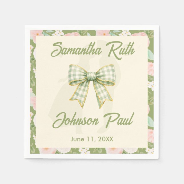 Wildflower Green Gingham Bow Wedding Napkins (Front)