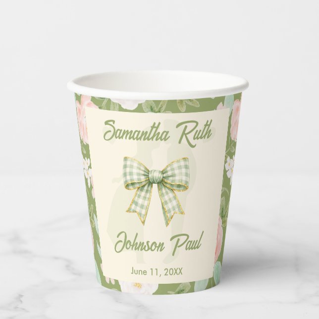 Wildflower Green Gingham Bow Wedding Paper Cups (Front)