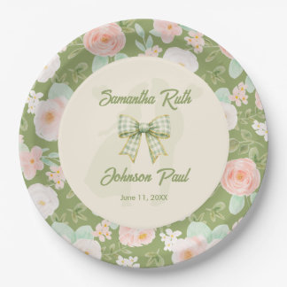 Wildflower Green Gingham Bow Wedding Paper Plates