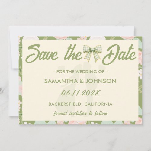 Wildflower Green Gingham Bow Wedding Save The Date