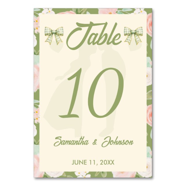 Wildflower Green Gingham Bow Wedding Table Number (Front)