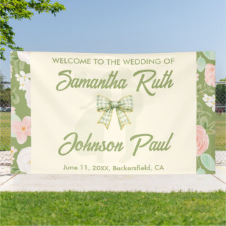 Wildflower Green Gingham Bow Wedding Welcome Banner